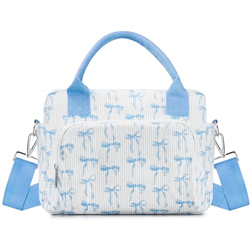 TESAFNG Lunch Box for Women Insulated Lunch Bag Cute Corduroy Lunch Tote Bags Lightweight Reusable Leakproof Cooler Bag with Adjustable Shoulder Strap for Work Office Travel Picnic (Blue Bow)