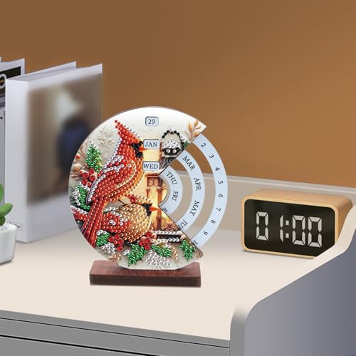 Image of AiYuanzsh Diamond Art Tabletop Perpetual Calendar, 3D DIY Wooden Desk Ornament with Red Cardinal Bird Design, Sparkling Diamond Painting Kit for Christmas Desktop Decoration