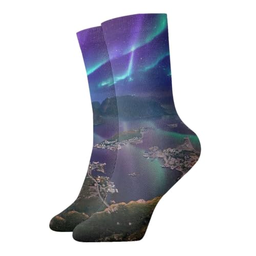 COKISNGS Fjord Aurora View Unisex Thick Warm Mid Calf Socks,12 Inch Full Double Sided Printed Casual Socks For Indoor Outdoor Daily Wear