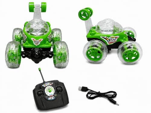 Image of Rechargeable 360 RC Stunt Car for Kids | Double-Sided High-Speed Remote Control Car with LED Lights | Rechargeable Battery Type C Charging (Green)