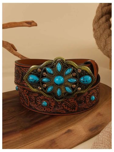 Women's Turquoise Belt Western Cowgirl Belt Vintage Floral Embossed Buckle Leather Waist Belts4