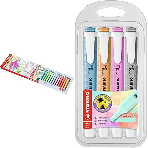Marcadores Fluorescentes Stabilo Marcador fluorescente STABILO swing cool - Set de escritorio con 18 colores + Marcador swing cool Pastel, Estuche con 4...