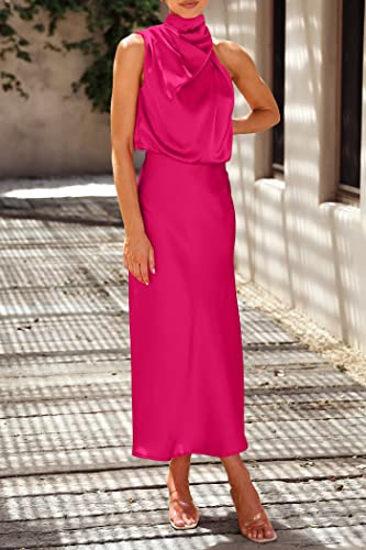 Image of PRETTYGARDEN Women's 2026 Summer Satin Dress Elegant Sleeveless Mock Neck Cocktail Party Maxi Dresses