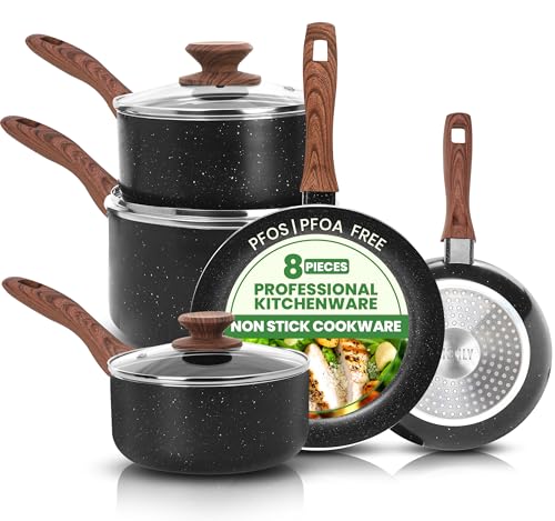 Kichly Non-Stick Granite 8 Pcs Cooking Pots and Pans Set Nonstick Cookware Induction Hob pan Set with 20cm 28cm Frying Pan Set and 20cm 18cm & 16cm Saucepan Set with Lids
