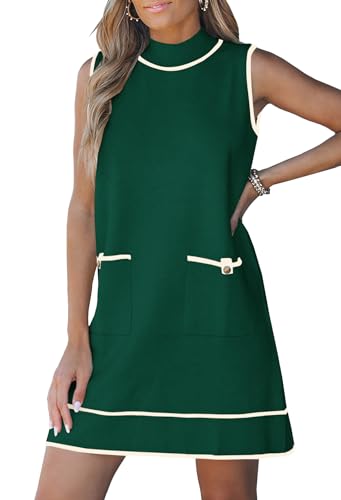 MITILLY Women's Short Summer Dress Spring Sweater Mock Neck Tank Solid Casual Work Mini Shirt Dresses Forest Green X-Large