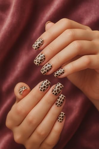 Image of 24 Pcs Reusable Artificial Nails Fake Nails with Glue and Kit|Leopard Print Gloss Press On Nails | Medium Square False Nails for Women | Premium UV Protected ABS nails | Salon Finish | Trendy Animal Print Nail Extensions
