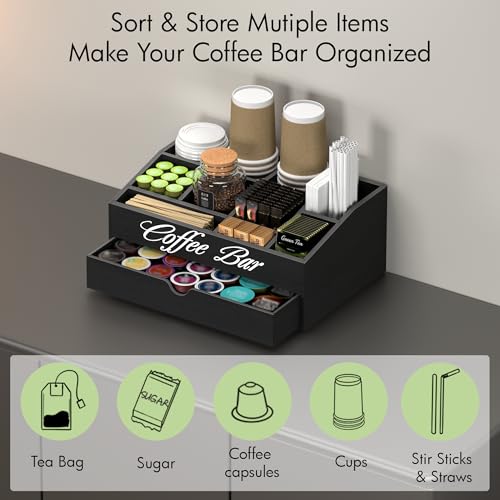 Image of Suli Coffee Bar Station Organizer,Extra Large Wooden Countertop Pods Holder with Drawer,Storage for Condiment Syrup Tea Cups,Rustic Bar Decor for Accessories Organizer (2 Tiers 11 Compartments)-Black