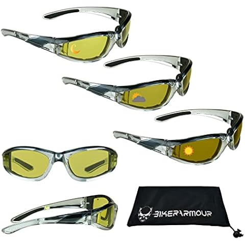 Bikershades Chrome Motorcycle Transitional Sunglass Yellow to Brown UV Sensitive Day Night Goggles Eyewear Cover