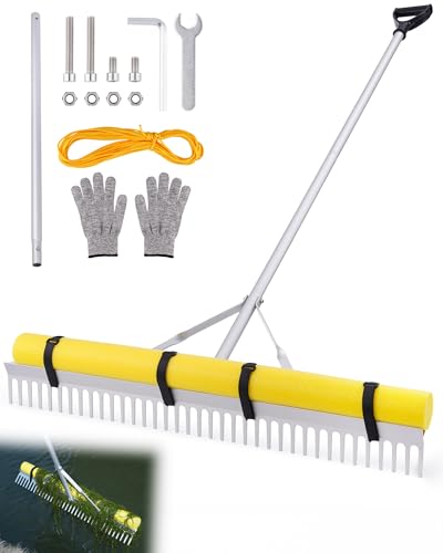 Pond Rake 36 Floating Rake with 8.5ft (102in) Extension Handle & 20ft Rope Aluminum Aquatic Weed Rake for Lake Heavy Duty Landscape Rake for Algae Muck & Debris Removal 2-in-1 Water & Land Tool