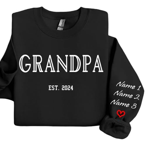 Personalized Custom Grandpa Dad Sweatshirt for Men with Kids Name on Sleeve, Gifts for New Dad Daddy Grandpa Father's Day Black2