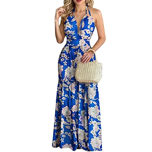 Robe longue floral d'été fluide pour silhouette élancée en bleu L