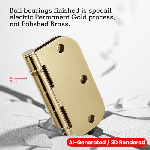 Image of Door Hinges Polished Brass 3 Pack 3.5 Inch Round Mute Integral Ball Bearing Hinges for Ranch House,Home Gym, Yard, Balcony, Sunroom, Enclosed Patio,Parlor,Mudroom,Large Walk-in Pantry, Paintable Door