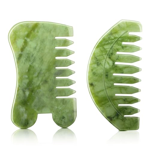 BBTO 2 Pcs Jade Comb for Scalp Massage Gua sha Comb for Head Body spa Hair Multifunctional Handheld Massage Tools(Round Classic Style)