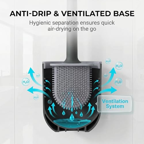 Image of RV Silicone Toilet Brush with Holder, Drill-Free Wall Mounted Toilet Bowl Cleaner, Anti-Drip Anti-Roll Compact Brush for RV Camper & Small Bathroom