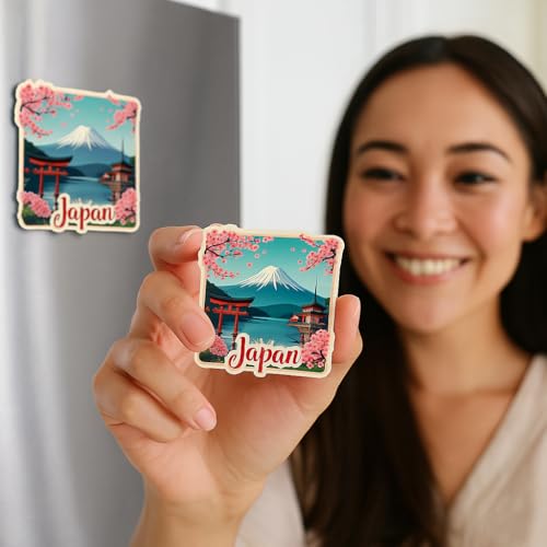 Image of Naxon Japan Souvenir Wooden Fridge Magnet - 3x3 Inch Travel Collectible Refrigerator Magnet | Mount Fuji, Cherry Blossom, Tokyo Tower Design | Wooden Kitchen Decor & Gift | Pack of 1