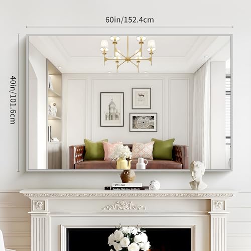 Image of COFENY 40x60inch Silver Bathroom Mirror, Silver Rectangle Mirror with Frame, Large Rectangular Wall Mirrors for Bathroom, Living Room, Hair Salon, Big Farmhouse Mirror Hang Horizontal /Vertical