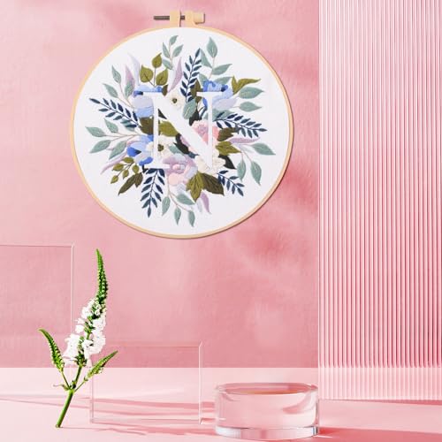 Image of IUHUI Embroidery Kit for Beginners Adults - 26 Floral Letters Easy Patterns, DIY Hand Stitching Embroidery Set with Hoop (Flower and Grass Letter N)