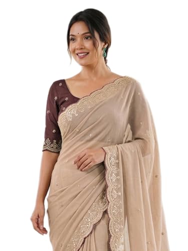 Image of SIRIL Women's Shimmer Georgette Scalloped Border Sequins Embroidery Saree with Unstitched Blouse Piece