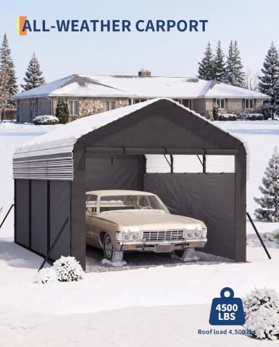 Image of GarveeLife 10x15x9 ft Metal Carport, Enclosed Car Ports | Removable 220 g Tarp / Gable End Doors and Sidewalls, for Sedans, Boats, and Tractors