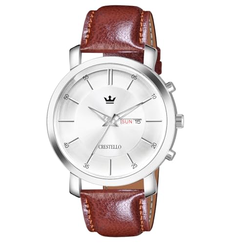 Image of CRESTELLO Brown /Green /Black Leather Strap Analog Wrist Watch with Day-Date Display for Men (Silver /Green /Brown /Black Dial) | CR-WT210