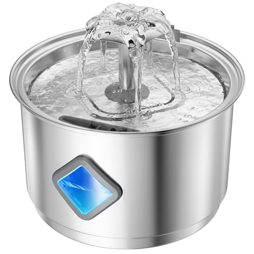 Zivacate Fuente para Gatos Acero Inoxidable 2,8 L, con Bomba Ultrasilenciosa, Nivel de Agua, Triple Filtración, 3 Filtros + 3 Esponjas, Fácil de Limpiar