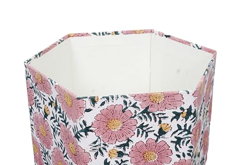Image of 3.3 Gallon Cotton Hand Block Printed Paper Waste Basket |Small Decorative Trash Can for Housewarming Gifts in Living Room, Bedroom, Bathroom | Eco-Friendly, Plastic-Free (1, Green Pink Sun FLOWAR)
