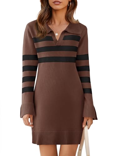 Saodimallsu Womens Striped Sweater Dress V Neck Collared Long Sleeve Slim Fit Ribbed Knit Trendy Mini Dresses