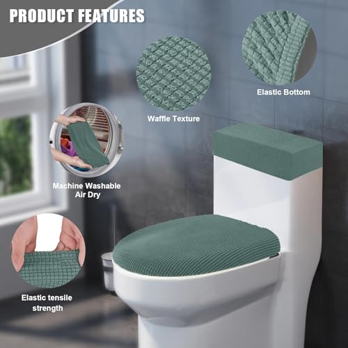 AZHCHKE Toilet Lid Cover and Toilet Tank Cover Stretch Toilet Covers Set for Bathroom, Polyester Spandex Jacquard Fabric, Machine Washable, with Elastic Bottom, Sage Green