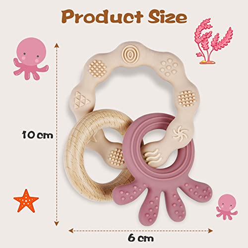 Vicloon Teething Toys for Baby, Silicone and Wood Teether, Baby Teether Toys Teether Chew Toy, Easy to Hold and Clean Up, Octopus Teething Toy Silicone chewlery for Boys&Girls (Beige) - Image 3