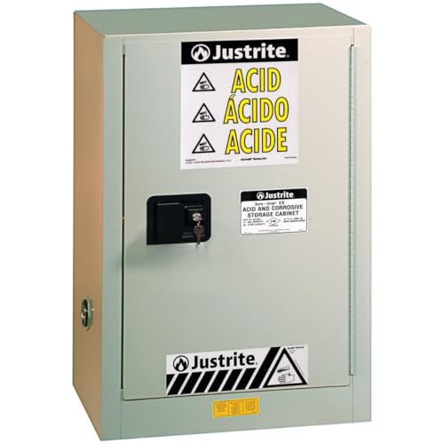 Image of Justrite Acid Corrosive Storage Cabinet - 15 Gallon 1 Door Self Close Chemical Storage Cabinet with ChemCor Coating - 22 inch x 36 inch x 24 inch - Made in The USA - Light Neutral - 8825272