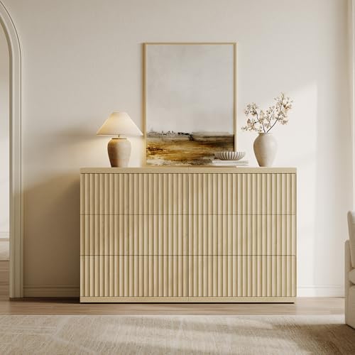 Image of SICOTAS Modern Sideboard Buffet Cabinet, Fluted Credenza Storage Cabinet with 3 Larger Drawers, Mid Century Media Console Coffee Bar Table for Dining Room Hallway Kitchen, Coastal Oak