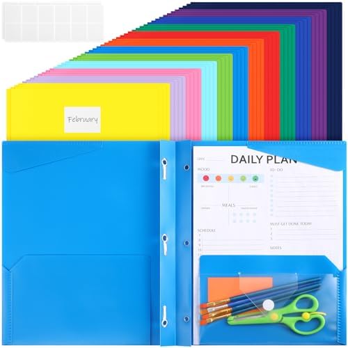Kosiz 48 Pcs Back to School 2 Pocket Folders with Prongs Plastic Folder with Extra
