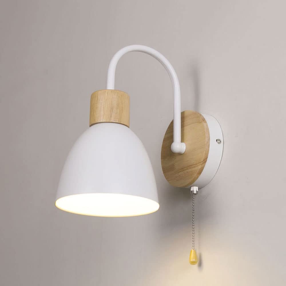 HYJAUSXB Modern Nordic Hardwired Wall Light - Wood Lamp with Pull Chain Switch Bedroom Bedside Headboard Lighting Mount Lights for Study Room, Hallway, Foyer (White-Yellow) (Whitewhite)
