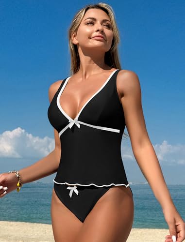 ZAFUL Women's Tankini Swimsuits V Neck Tummy Control Bow Color Block Two Piece Swimsuit Bathing Suit4