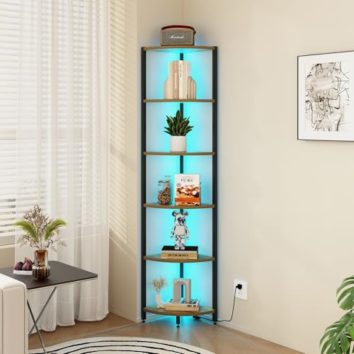 FviMzailon 6-Tier Corner Shelf with LED Lights - 65 Tall Narrow Bookshelf Standing Shelf with Storage Rack Sturdy Metal Frame & Waterproof Shelves Rustic Brown for Living Room/Bedroom/Bathroom