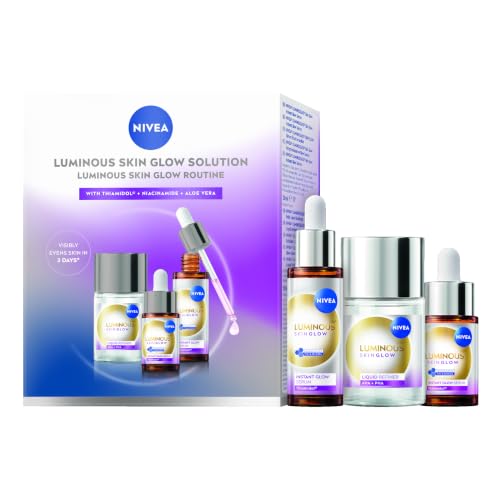 NIVEA Luminous630 Skin Glow Set Gesichtspflege Set mit Feuchtigkeitsserum (1 × 30 ml & 1 × 15 ml) und Liquid Refiner (100 ml) Gesichtsserum und AHA Peeling für strahlende Haut