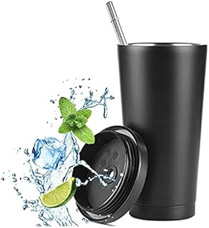 flintronic 500ML Travel Mug Tumbler with Straw and Leakproof Lid, Coffee Mug Tea Cup Flask, Double-wall Vacuum Insulated Stainless Steel Tumbler for Cold or Hot Drinking with 1 Cleaning Brush