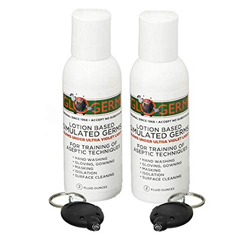 Glo Germ Mini Gel Kit 2 Pack (Two 2 oz Bottles Two UV Light Keychains) - Gel Lotion Based Simulated Germs - Helps Promote Better Hand Washing Habits - Training for Aseptic Techniques - Double Pack