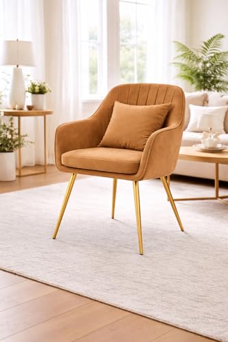 Image of Velvet Chair for Home | Modern Accent Armchair in Soft Velvet Fabric with Golden Legs | Set of 2 Premium Accent Chair for Living Room Bedroom Restaurent | (Light Brown 1pc, Standard)