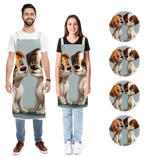 Tablier en lin homme femme réglable 2 poches motif chiot dessin animé