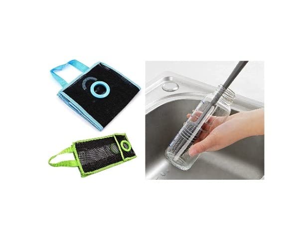 AG E-Com ilicone Bottle Cleaning Brush Long Handle Baby Bottle Brush Nipple Cleaner Milk Bottle Washer for Water Bottles and Collection Mesh Reusable Net Hanging Breathable Garbage Grocery Shopping