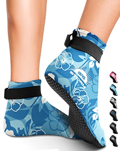 BPS 'Storm Sock' Neoprene 3mm Water Socks - Wetsuit Booties for Wading, Tide Pooling, Fishing, Water Aerobics, Rafting - Neoprene Low Cut Socks (Floral Blue/White Accent, XSmall)