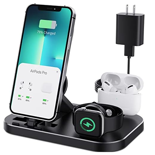 Portable 3 in 1 Charging Station for Apple Products, Foldable Charging Dock for iPhone/iPad Mini/AirPods Series, Charging Stand Compatible with iWatch 7/6/5/4/3/2/1/SE(with 10W Adapter)(Black)