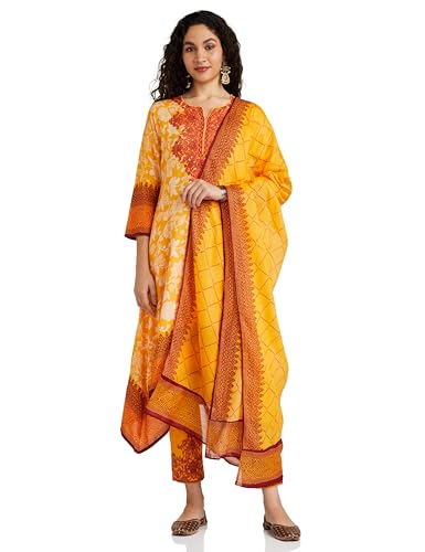 BIBA Women Cotton Printed Straight Salwar Kurta Dupatta(Skdassorted7226E_Mustard Yellow_36)