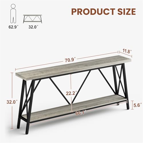 Henf Industrial Extra Long Console Table with Storage, 70.9" Sofa Table (Gray)