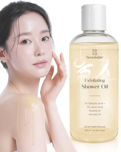 Image of Seoulskin Exfoliating Shower Oil with 1% Salicylic Acid & 1% Lactic Acid | For Body Acne, Strawberry Skin, De-Tan | With Avocado & Rosehip Oil | Gentle Exfoliating Shower Gel | Oil-to-Foam Lather | Non-Drying | Korean Skincare | Shower Oil | 300 ml