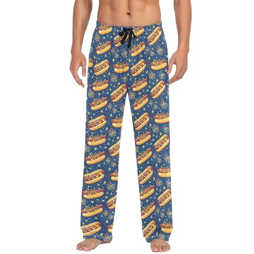 Mens Cotton Pajama Pants Sleep Lounge Pj Bottoms Sleepwear with Pockets Drawstring S Hotdogs Fireworks2