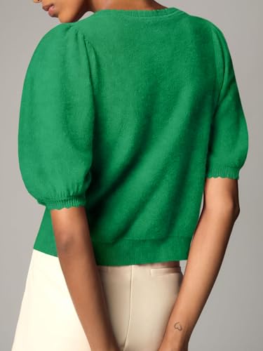 Image of Saodimallsu Womens Puff Short Sleeve Cardigan Lightweight Summer Button Down Shirts Knit Crew Neck Sweater Tops