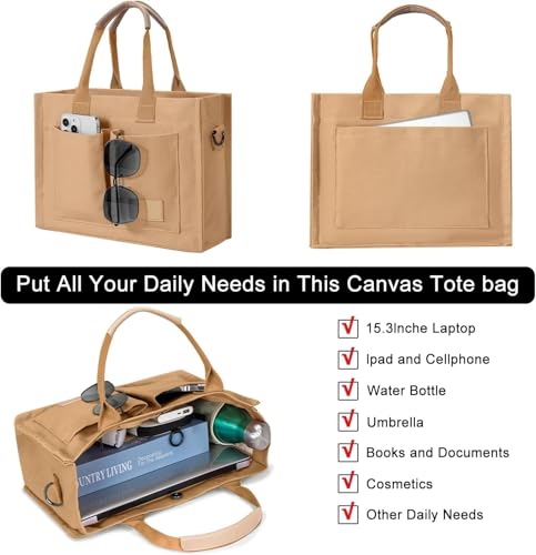 Image of Kawn Large Canvas Tote Bag for Women hobo Shoulder Bag with Zipper Multi-Pocket Satchel bag Crossbody Bag with Detachable Strap Everything Everyday Handbags for Office, College and Travel