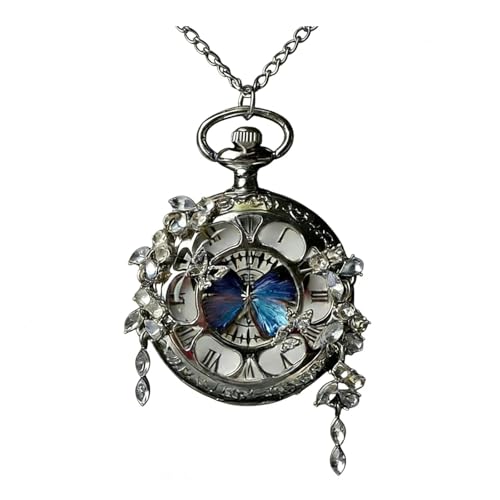 Faridrun Butterfly Pocket Watch Pendant, Vintage Crystal Flower Pocket Watch Necklace, Blue Butterfly Wings At The Center, Silver Hollow Design(A)